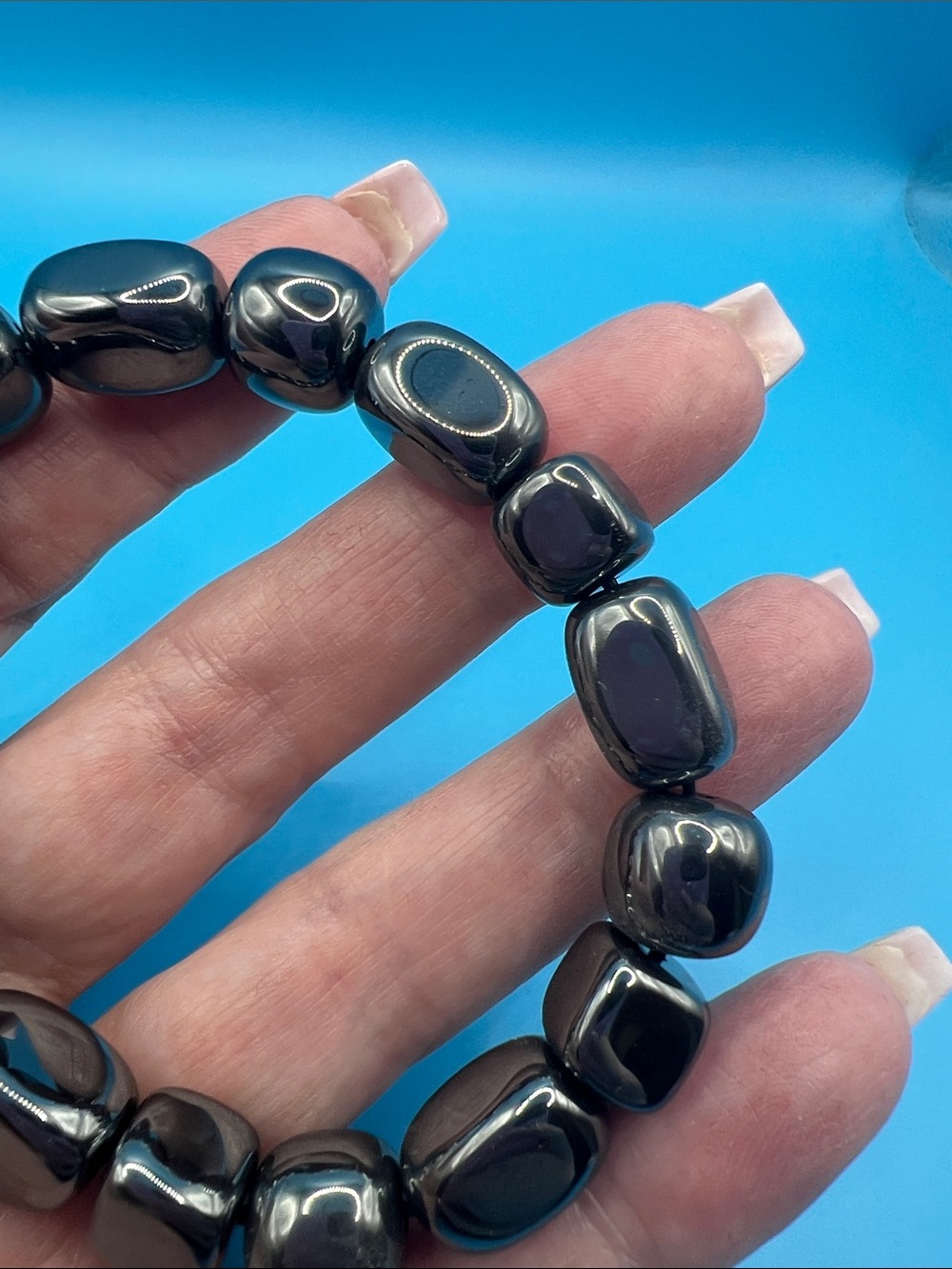 Polished Hematite Stretch Beaded Bracelet - Dark Metallic - Picture 2 of 4